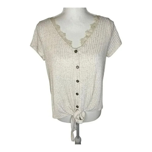 Alya Women’s Large Cream Tie Front Button Front Lace V-Neck Ribbed Knit Top - Picture 1 of 7